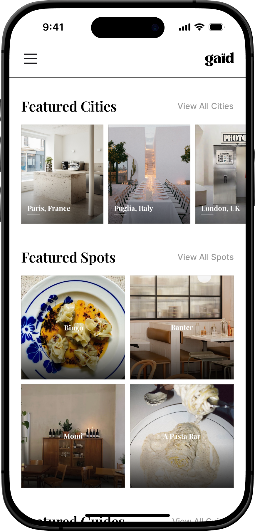 gaïd app — home screen with featured cities, spots and guides.
