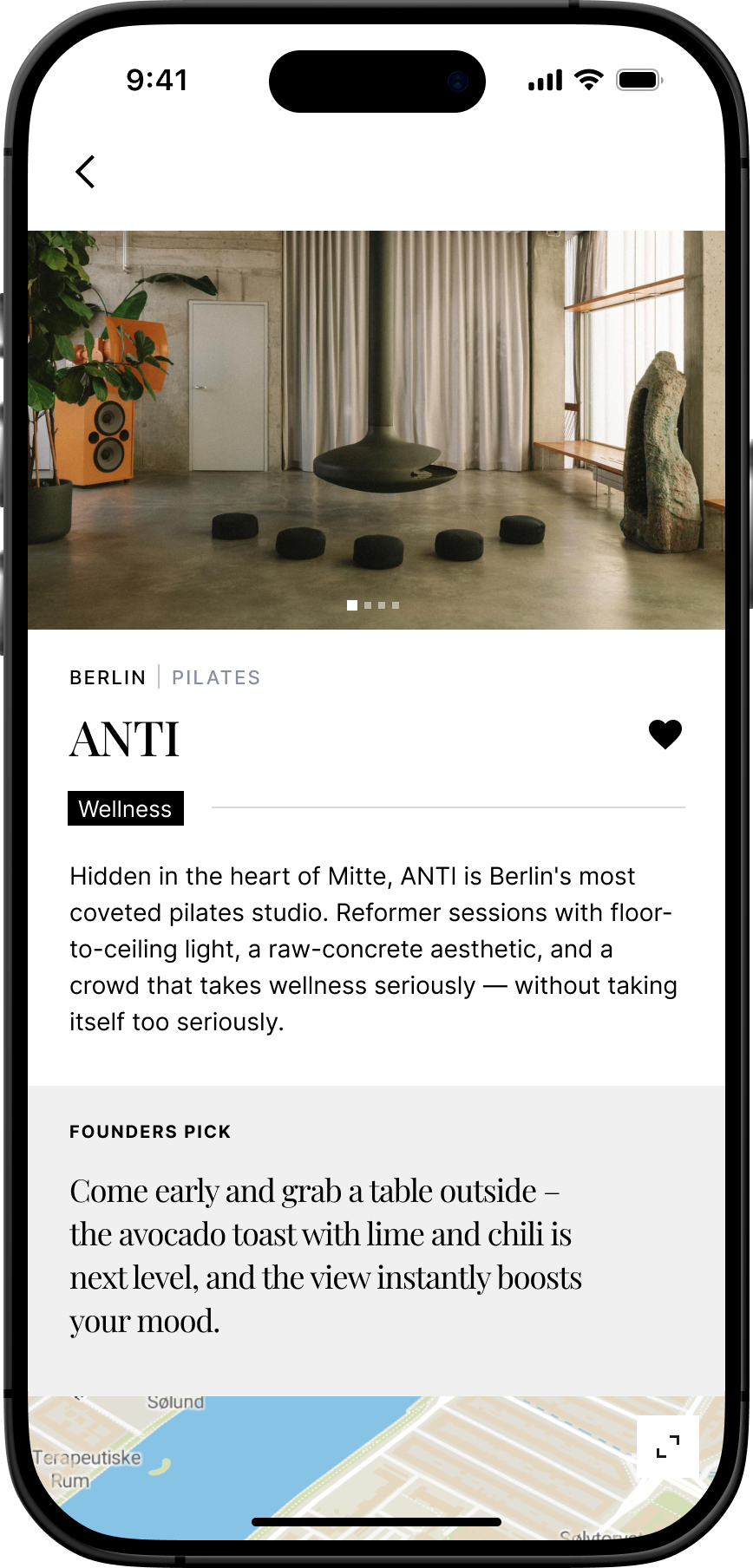 gaïd app — ANTI pilates studio detail page with map and booking.